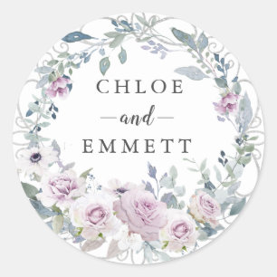 Rustic Blush Purple Rose Wreath Wedding Favor Classic Round Sticker