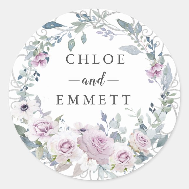 Rustic Blush Purple Rose Wreath Wedding Favor Classic Round Sticker (Front)