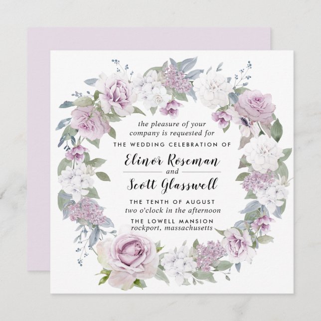 Rustic Blush Purple White Floral Square Wedding Invitation (Front/Back)