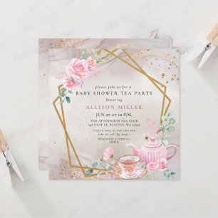 Rustic Blush Rose Gold Tea Party Baby Shower Invitation