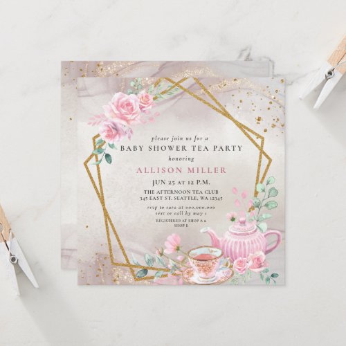 Rustic Blush Rose Gold Tea Party Baby Shower  Invitation