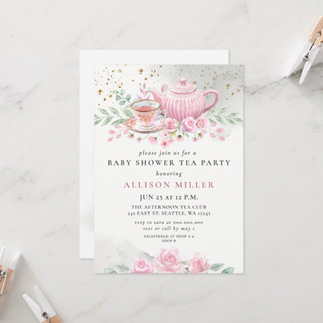 Rustic Blush Rose Gold Tea Party Baby Shower  Invitation (Front/Back In Situ)