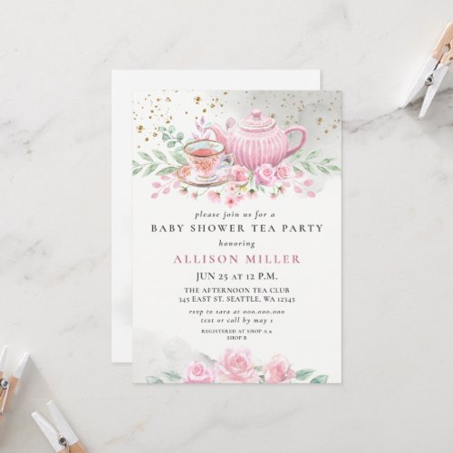 Rustic Blush Rose Gold Tea Party Baby Shower  Invitation