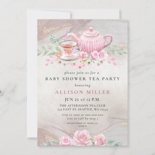 Rustic Blush Rose Gold Tea Party Baby Shower  Invitation