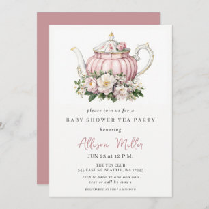 Rustic Blush Rose Gold Tea Party Baby Shower Invitation
