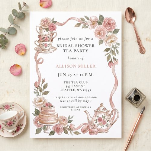 Rustic Blush Rose Gold Tea Party Bridal Shower  Invitation