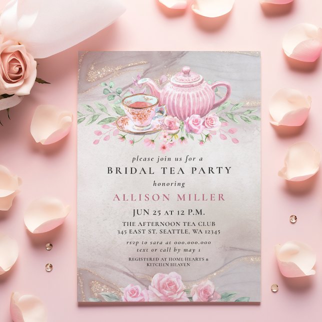 Rustic Blush Rose Gold Tea Party Bridal Shower  Invitation (Rustic Blush Rose Gold Tea Party Bridal Shower Invitation)