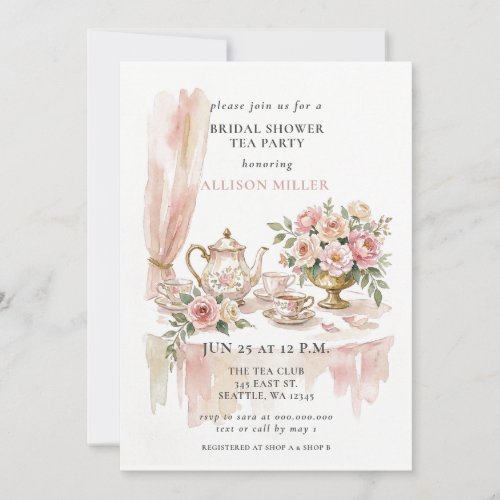 Rustic Blush Rose Gold Tea Party Bridal Shower  Invitation