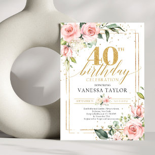 Rustic blush roses eucalyptus gold 40th birthday invitation