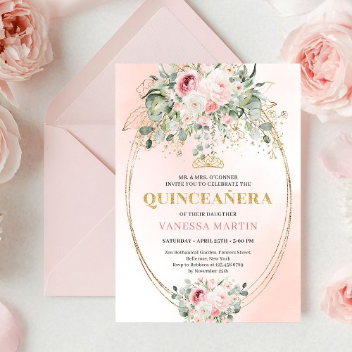 Rustic Blush Roses Eucalyptus Quinceañera Invite