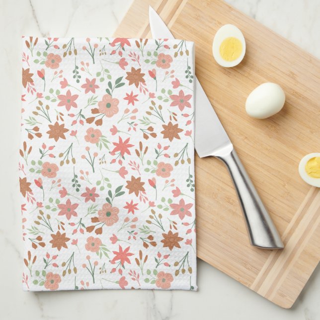 Rustic Blush & Terracotta Floral Pattern Boho Kitchen Towel (Quarter Fold)