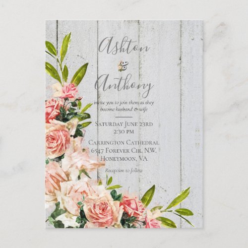 Rustic Blush Watercolor Floral Vintage Wedding Postcard