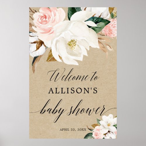 Rustic blush white floral baby shower welcome sign
