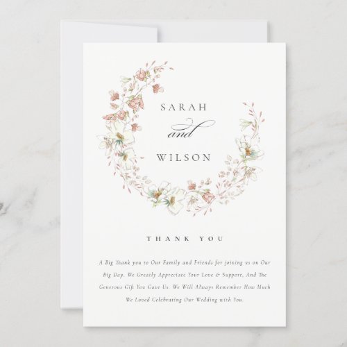 Rustic Blush White Meadow Floral Wreath Wedding Thank You Card