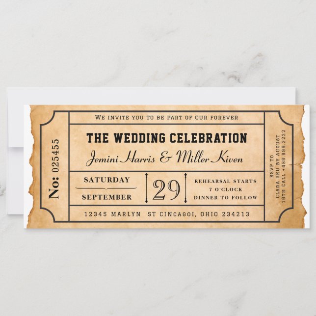 Rustic Boarding Pass Style Ticket Wedding Invitation (Front)