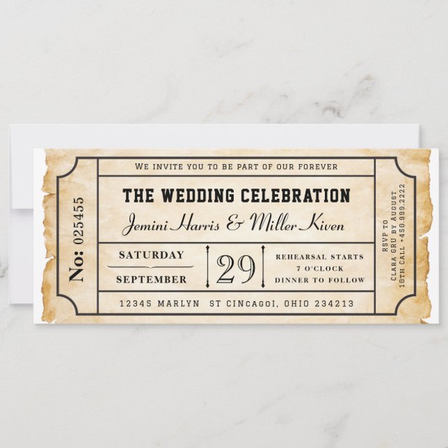 Rustic Boarding Pass Style Ticket Wedding Invitation (Front)