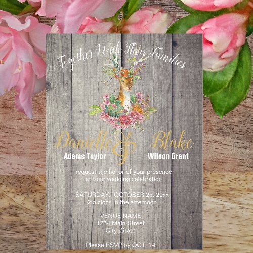 Rustic Boards Floral Deer Head Gold Foil Wedding  Invitation