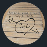 Rustic Boardwalk, Heart & Initials Beach Wedding Classic Round Sticker<br><div class="desc">Perfect wedding sticker for a beach wedding. The photograph shows a rustic boardwalk on beach sand. It looks like the bride and groom took the time to carve their names and wedding date into the boardwalk planks. Then they carved a big heart and put in their initials. You can easily...</div>