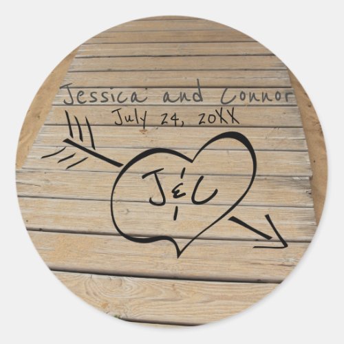 Rustic Boardwalk Heart  Initials Beach Wedding Classic Round Sticker