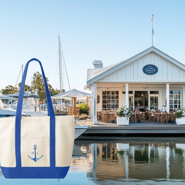 Rustic Boat Anchor Monogrammed Contrast Trim Tote Bag (blue boat anchor monogrammed contrast trim tote bag)