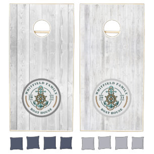 Rustic Boat House Green Anchor Themed Family Cornhole Set