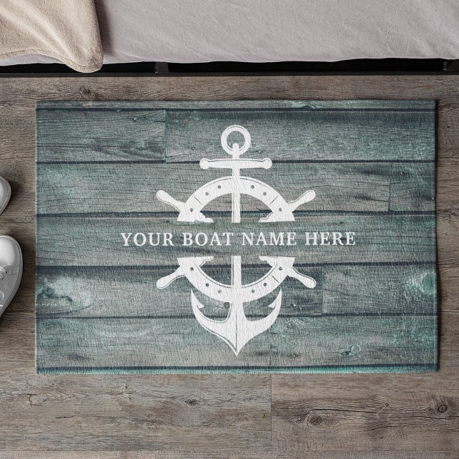Rustic Boat Name Ship’s Wheel Anchor Driftwood Doormat (Creator Uploaded)