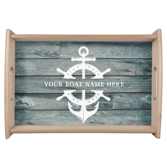 Rustic Boat Name Ship’s Wheel Anchor Driftwood Serving Tray (Front)
