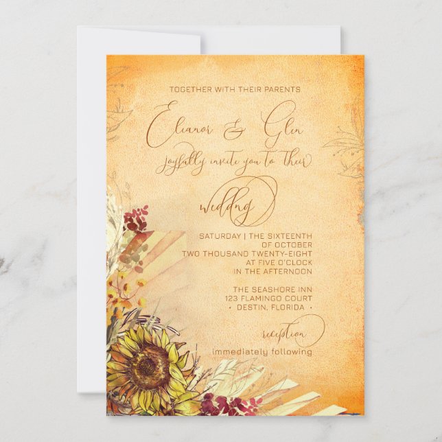 Rustic Bohemian 2 Sunflower Wedding Invitation (Front)