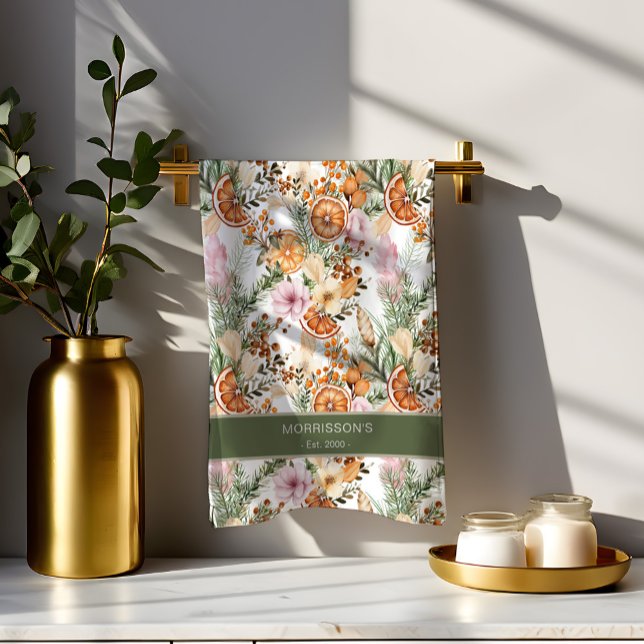 Rustic bohemian botanical winter citrus Christmas Kitchen Towel (Rustic bohemian botanical winter citrus practical Christmas gifts personalized Kitchen Towel)