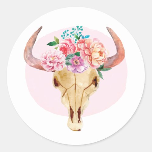 Rustic Bohemian Cow Skull Watercolor Blush Floral Classic Round Sticker