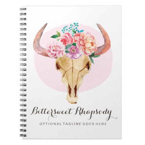 Rustic Bohemian Cow Skull Watercolor Blush Floral Notebook