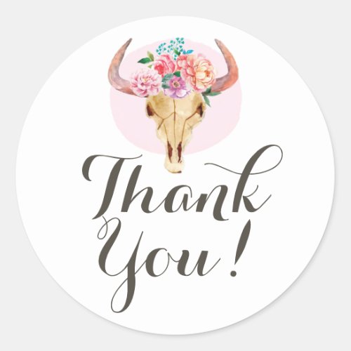 Rustic Bohemian Cow Skull Watercolor Thank You Classic Round Sticker
