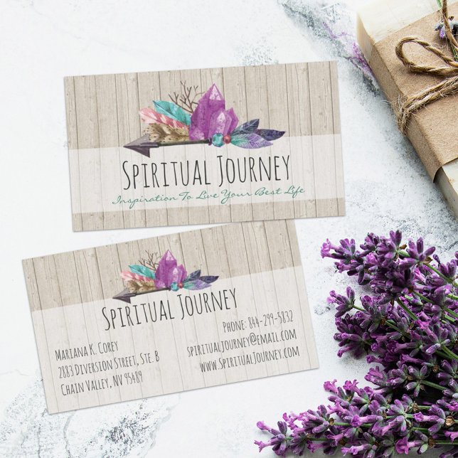 Rustic Bohemian Crystals & Arrow Watercolor Wood Business Card (Creator Uploaded)
