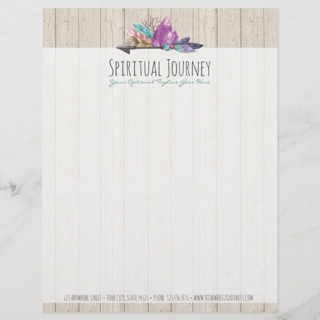 Rustic Bohemian Crystals & Arrow Watercolor Wood Letterhead (Front)