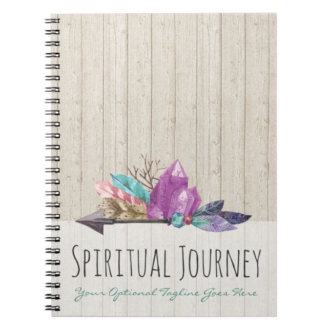 Rustic Bohemian Crystals & Arrow Watercolor Wood Notebook (Front)