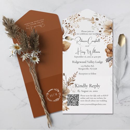 Rustic Bohemian Fall Autumn QR Code Wedding All In One Invitation