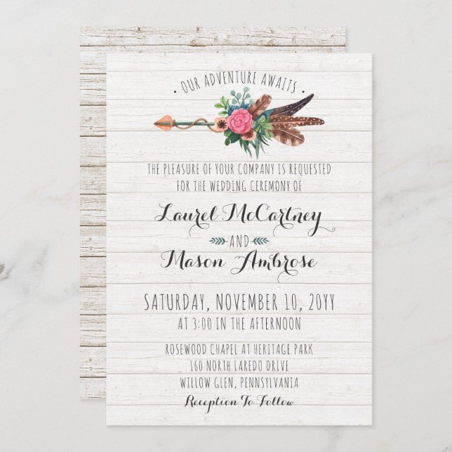 Rustic Bohemian Feathers Arrow Wedding Invitation (Front/Back)