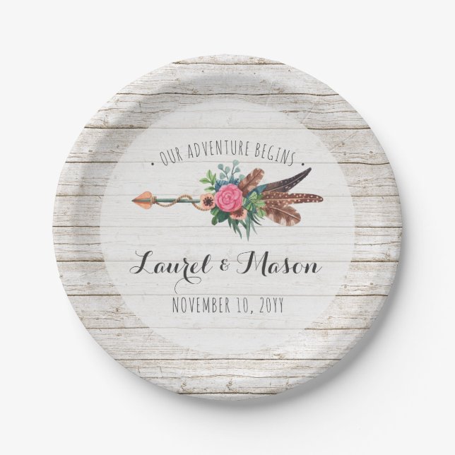 Rustic Bohemian Feathers Arrow Wedding Reception Paper Plates (Front)
