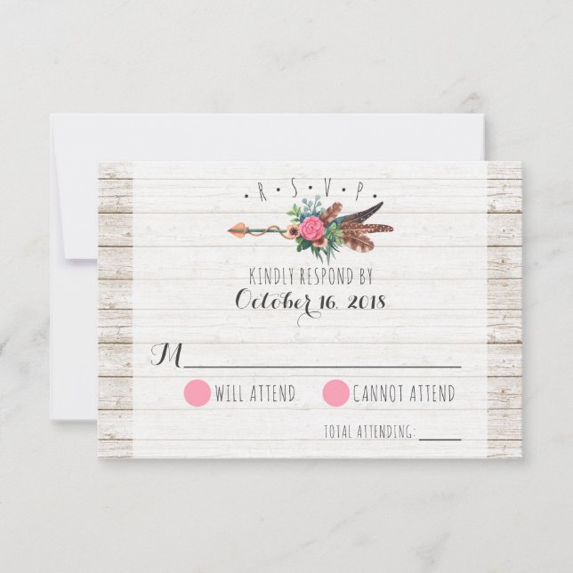 Rustic Bohemian Feathers Arrow Wedding RSVP (Front)