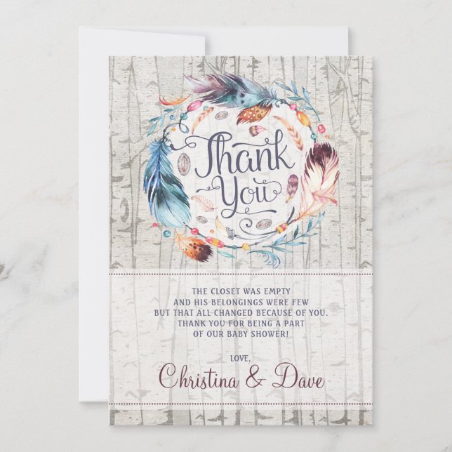 Rustic Bohemian Feathers Boho Baby Shower Thank You Card (Front)