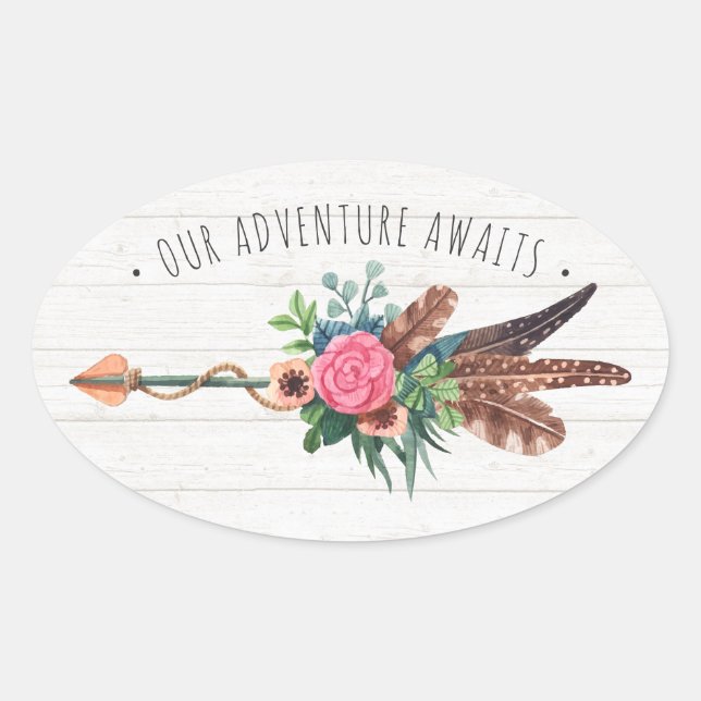 Rustic Bohemian Feathers & Rose Arrow Wedding Oval Sticker (Front)