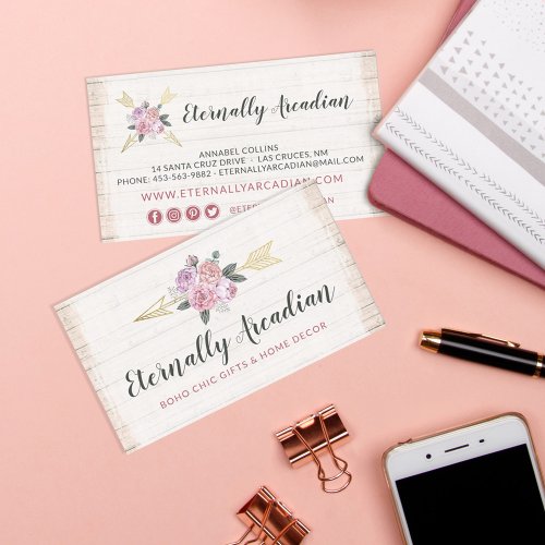 Rustic Bohemian Floral Arrows Boho Social Media Business Card