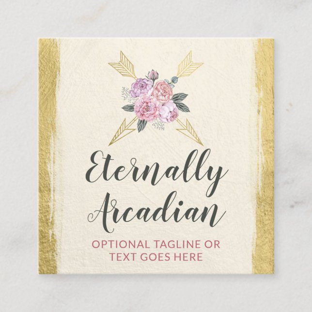 Rustic Bohemian Floral Arrows Gold Boho Social Square Business Card (Front)