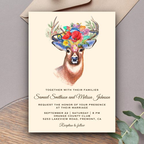 Rustic Bohemian Floral Deer Wedding Invitation