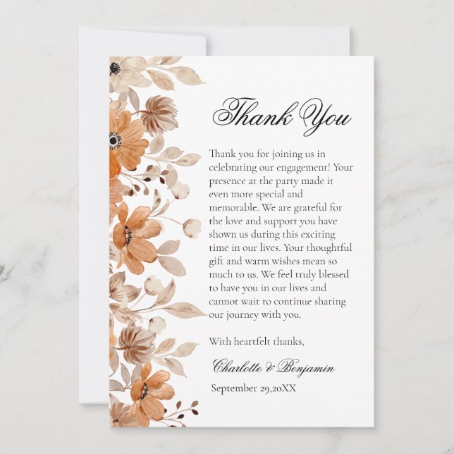 Rustic Bohemian Floral Engagement  Thank You Card (Front)