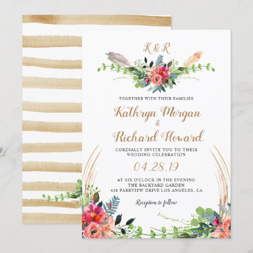 Rustic Bohemian Floral Watercolor Monogram Wedding Card
