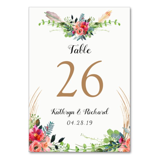 Rustic Bohemian Floral Wedding Table Number Card