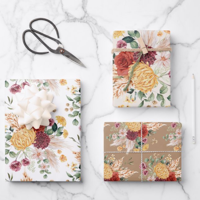 Rustic Bohemian Flowers Pampas Grass Greenery Wrapping Paper Sheets (Front)