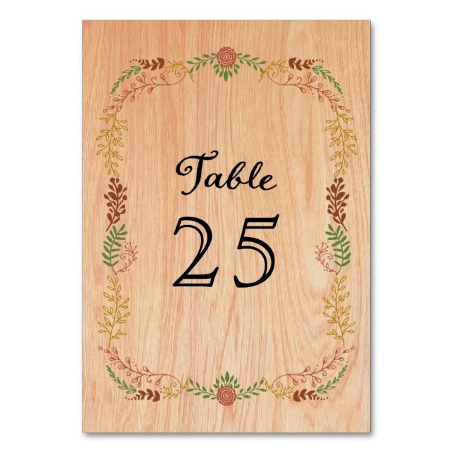 Rustic Bohemian Foliage Wreath on Wood Table Number (Front)