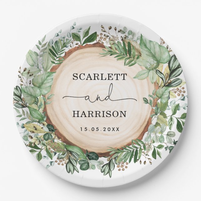 Rustic Bohemian Garden Greenery Botanical Wedding Paper Plates (Front)